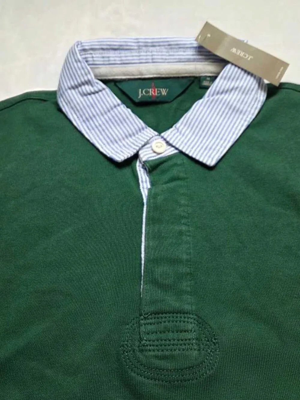New M J.Crew rugby shirt with striped oxford collar Green longsleve polo